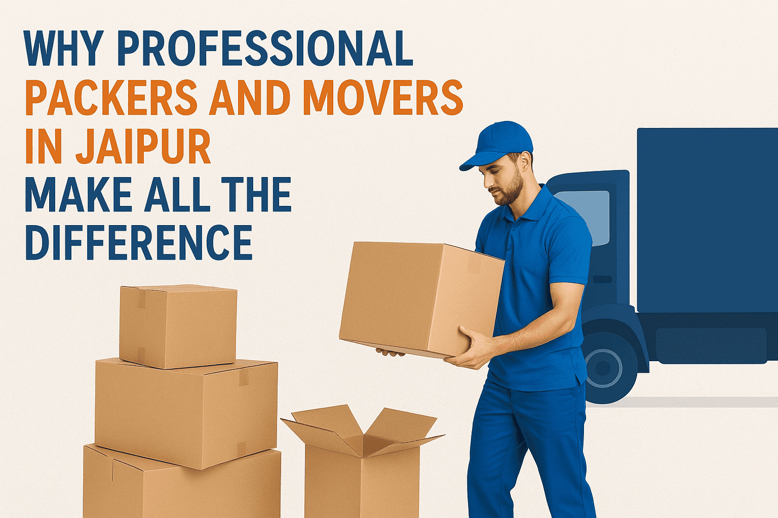 Professional packers and movers in Jaipur packing cardboard boxes with moving truck in background — expert relocation services that make shifting easy.